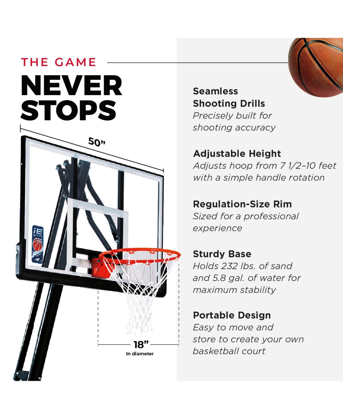 Ie Sports Portable Basketball Hoop, Adjustable Height, 50" Backboard & Rebounder