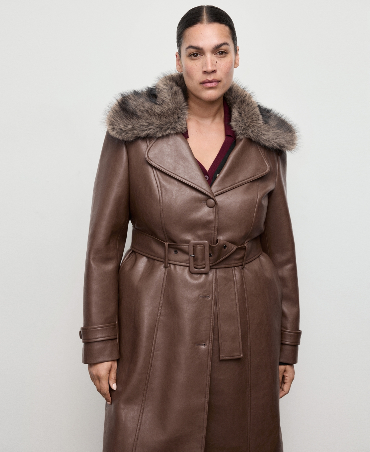 Mango Women's Fur Collar Leather-effect Coat In Brown