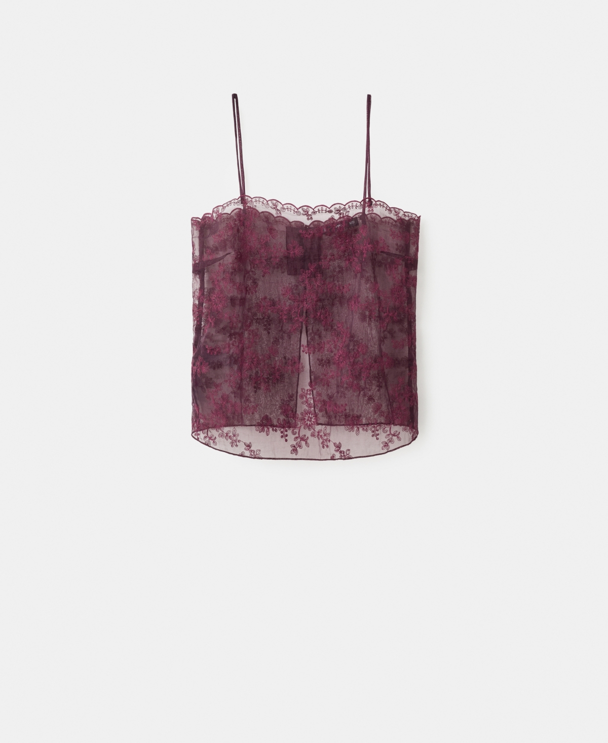 Mango Embroidered Sheer Camisole In Burgundy