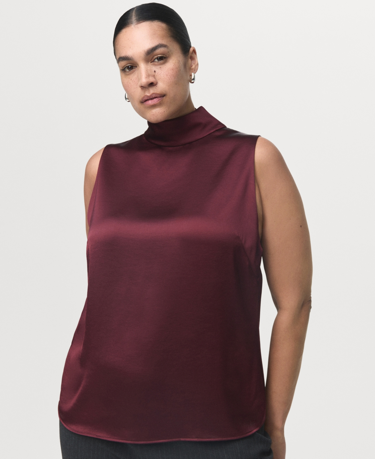 Mango Stonak Sleeveless Satin Top In Burgundy