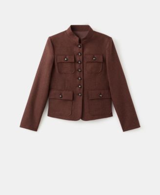 Women's Band Collar And Pockets Wool Jacket