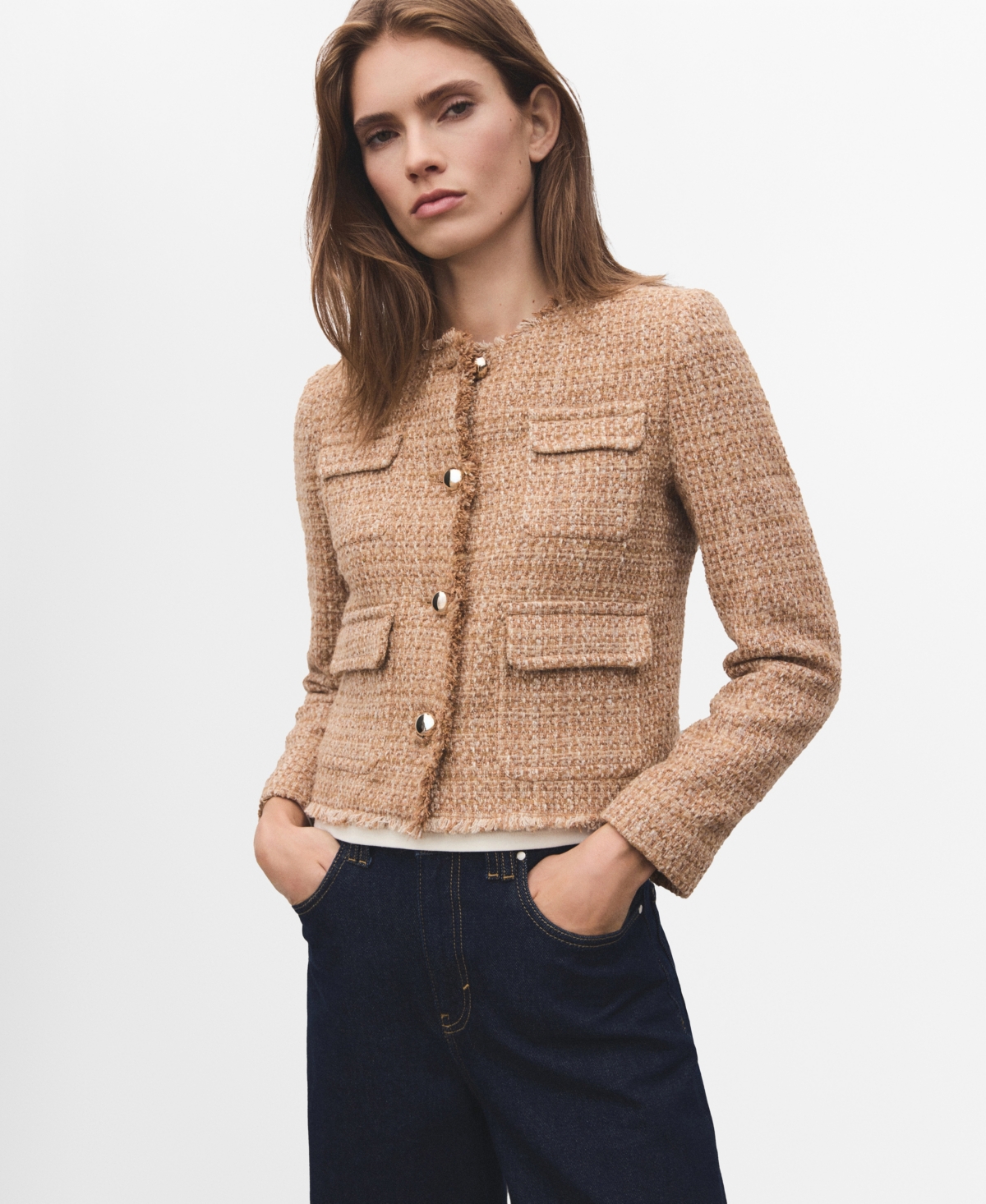 Mango Women's Frayed Ends Tweed Jacket In Brown