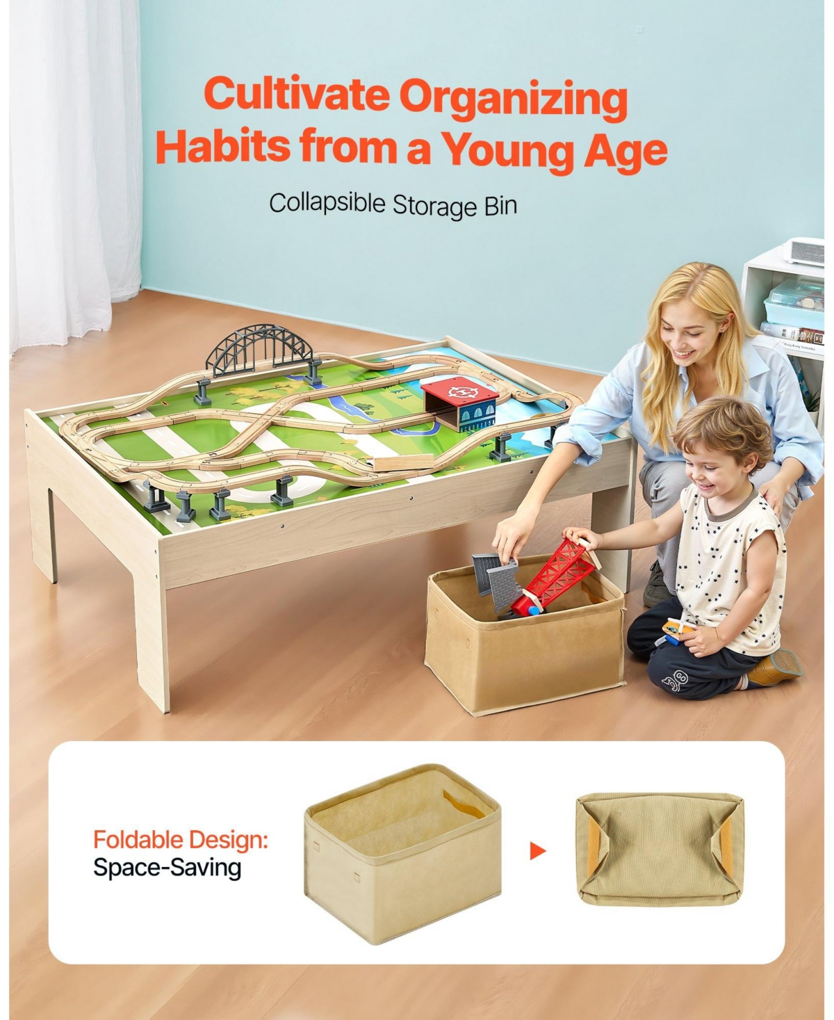 Mecale Train Table, 120 Pcs Wooden Activity Table with Collapsible Bin, 3-in-1 Train Set for Playing, Drawing & Reading