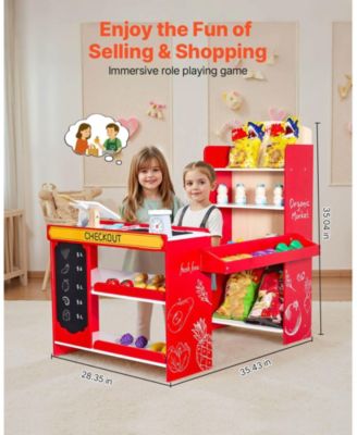Kids Grocery Store Playset, Wooden Store with Bag, Conveyor Belt, Scanner, Cash Register & Scale, Pretend Supermarket Toy