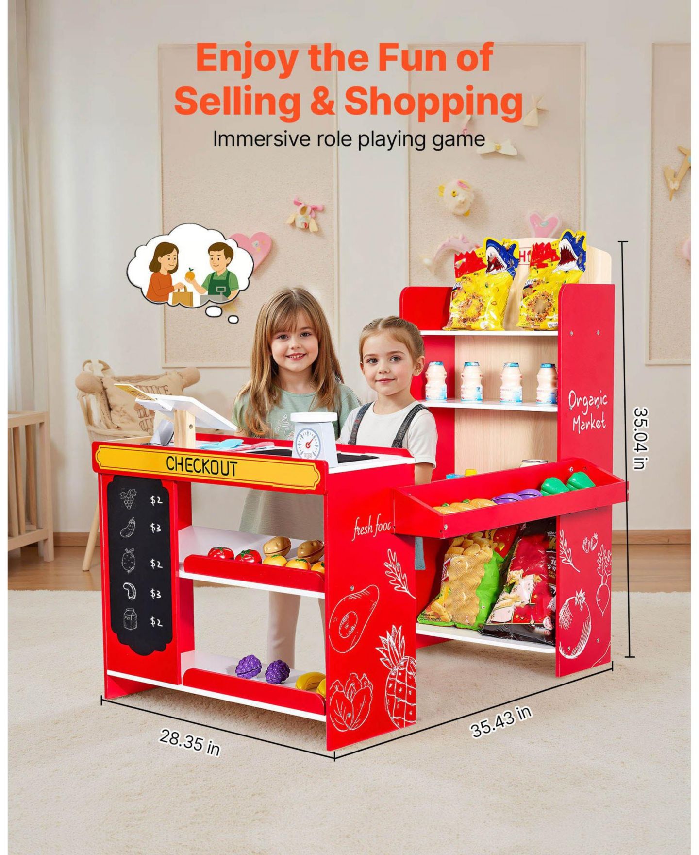Детский игровой набор Mecale Grocery Store Wooden 35-Piece Playset with Working Conveyor Belt, Ages 3+, цвет: Красный — фото 5
