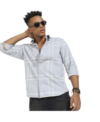 Men's Light Grey Contrast Tartan Plaid Shirt.