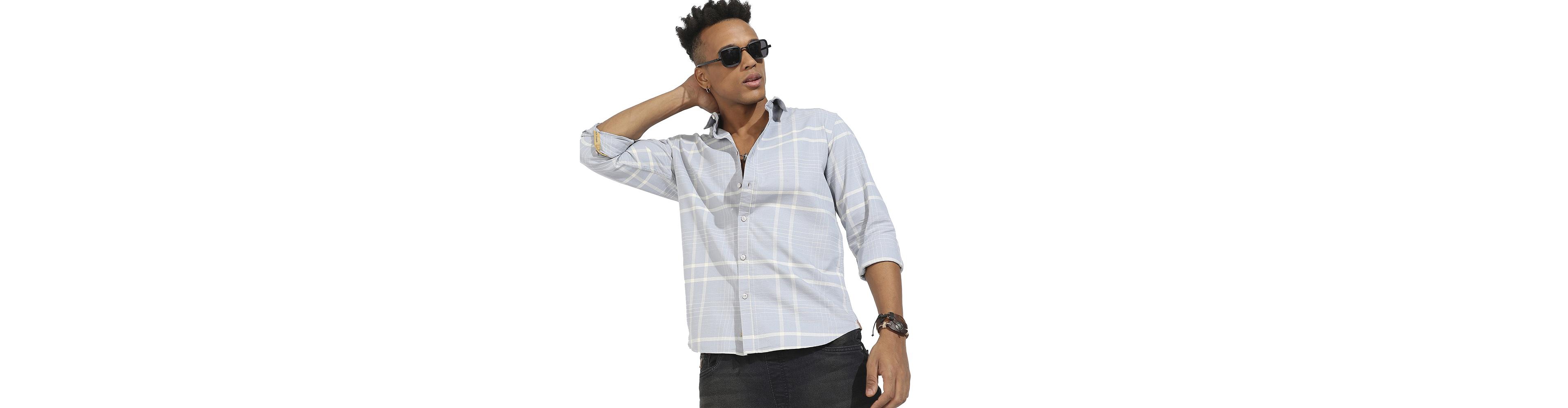 Cahoot Men's Campus Sutra Light Grey Contrast Tartan Plaid Shirt.