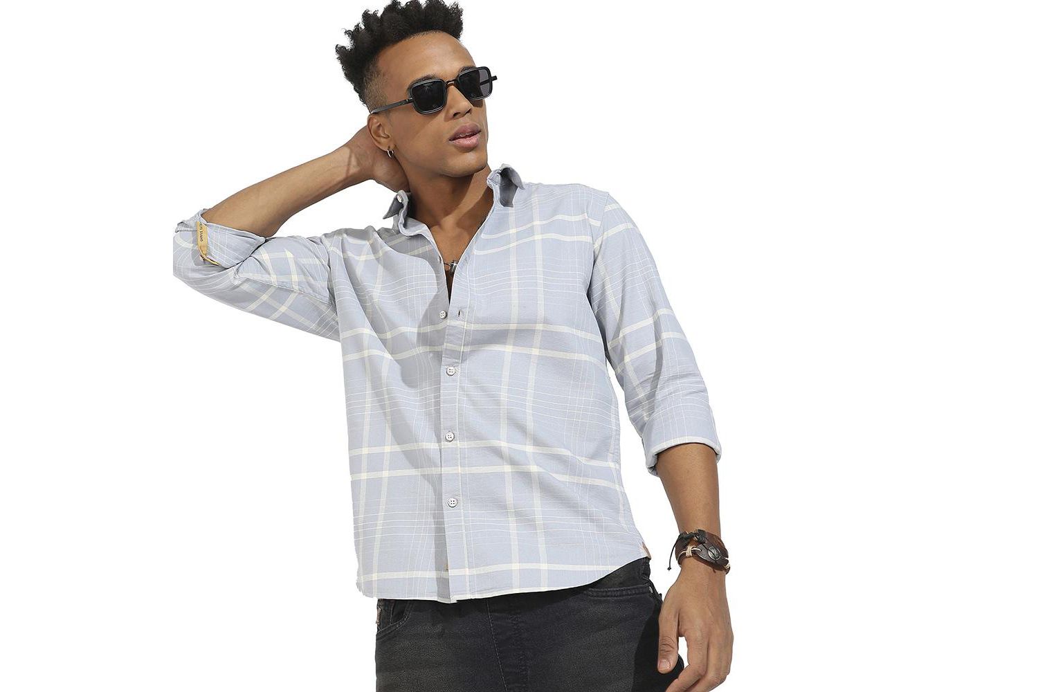 Men's Light Grey Contrast Tartan Plaid Shirt.