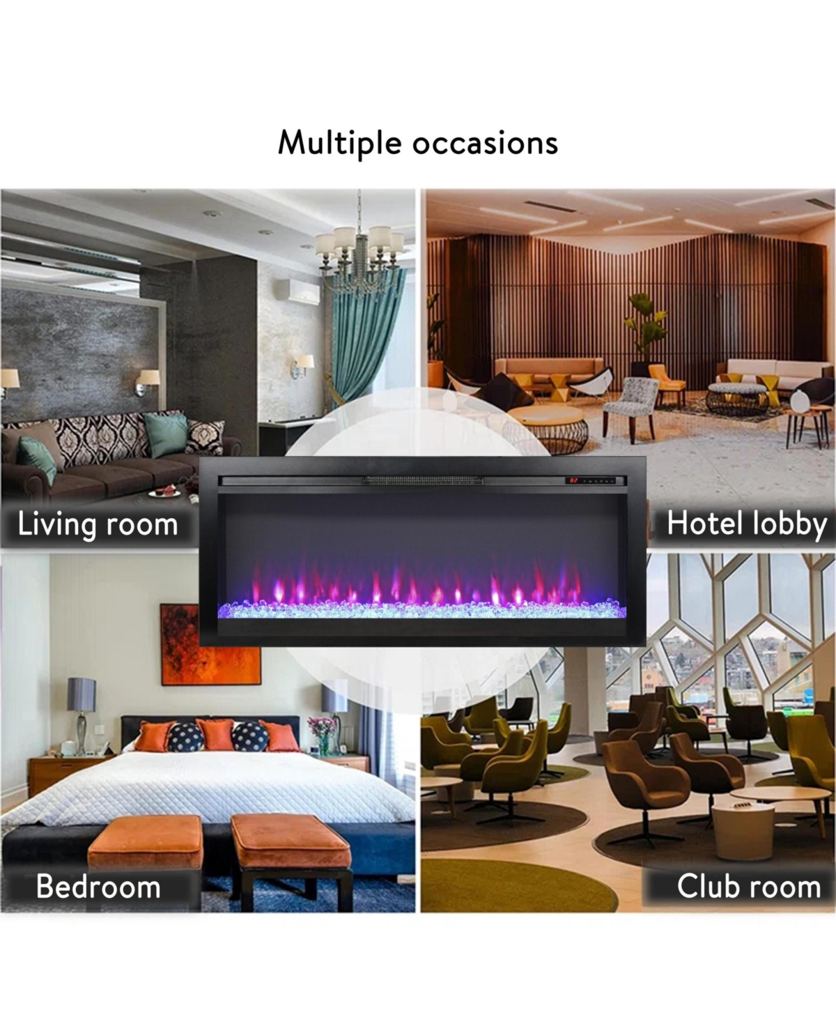 Flynama 44 inch in wall recessed electric fireplace with remote and multi color flame & emberbed, Led light heater