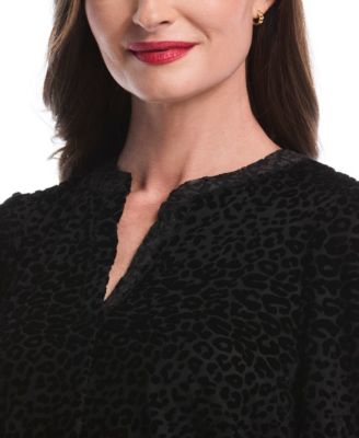 Petite Cheetah Print Split Neck Long Sleeve Popover Top