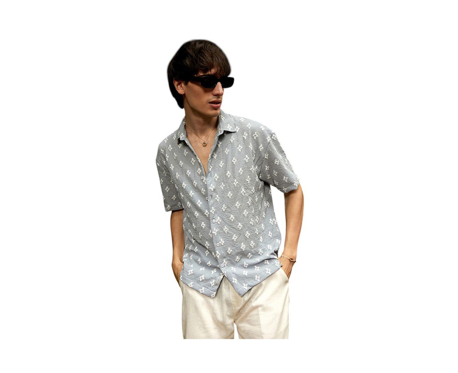 Men's Baby Blue Floral-Tactile Oversized Shirt