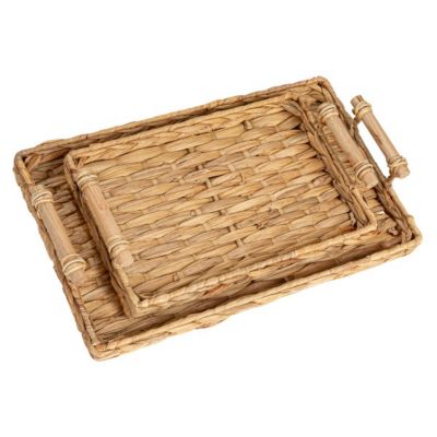 Handwoven Seagrass Rectangular Tray Set with Wood Handles, Natural, Set of 2