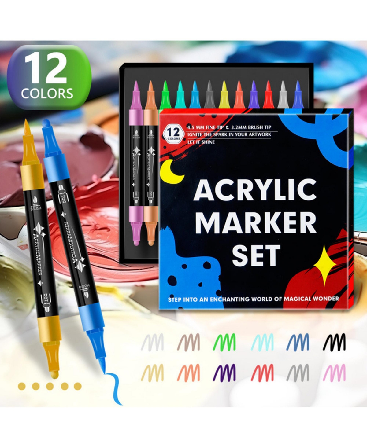 Htutwoo 12 Colors Acrylic Markers, Dual Tip Paint Pens, Children's Drawing and Doodling Pens