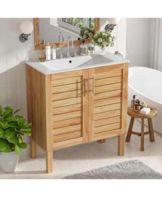 30inch Antique Bathroom Vanity with Ceramic Sink Mid Century Modern Bathroom Vanity Cabinet