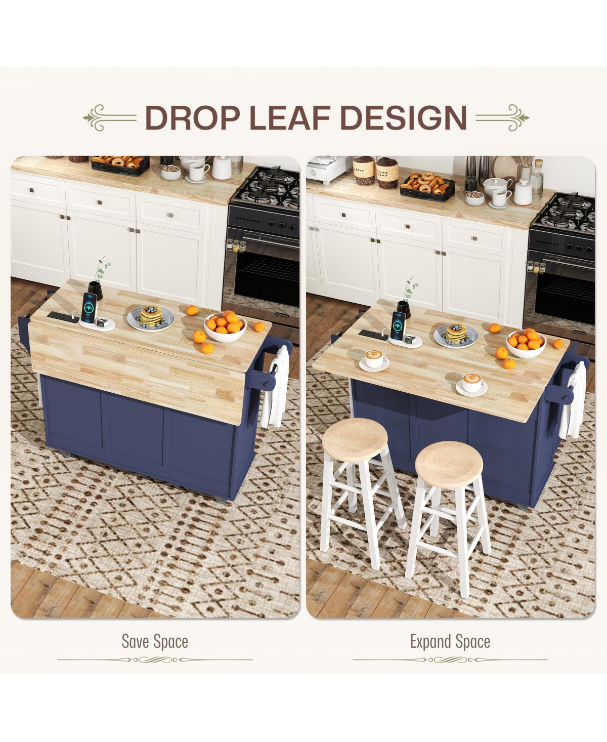 Homcom Mobile Kitchen Island with Power Outlet Drop Leaf Cart