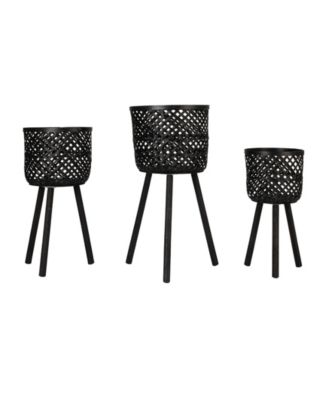 Woven Bamboo Baskets with Wooden Legs, Black, Set of 3