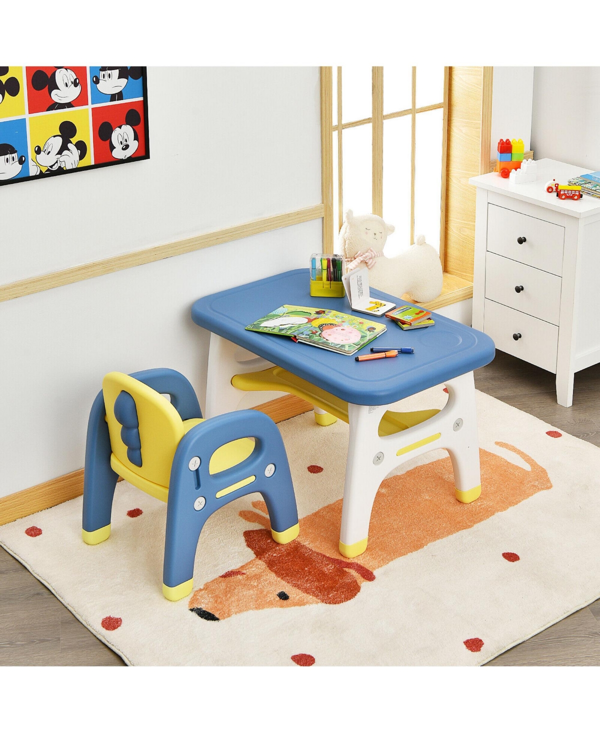 Gymax Kids Dinosaur Table and Chair Set Activity Study Desk Building Blocks