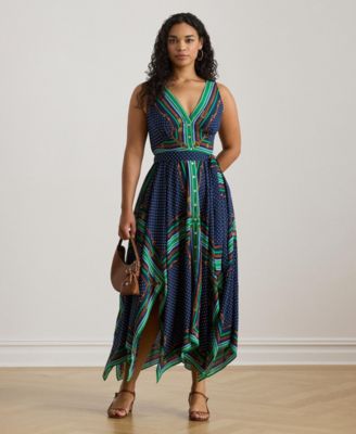 Plus Size Belted Polka-Dot V-Neck Dress