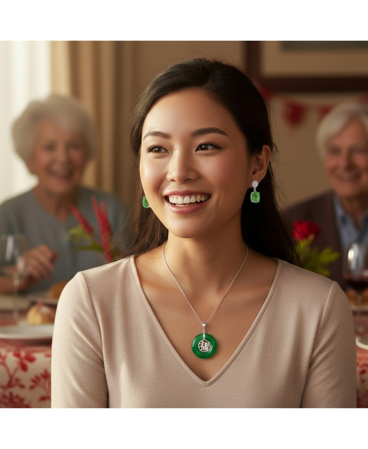 Bling Jewelry Asian Style Dyed Green Jade Pendant Necklace and Dangle Earrings Jewelry Set Sterling Silver