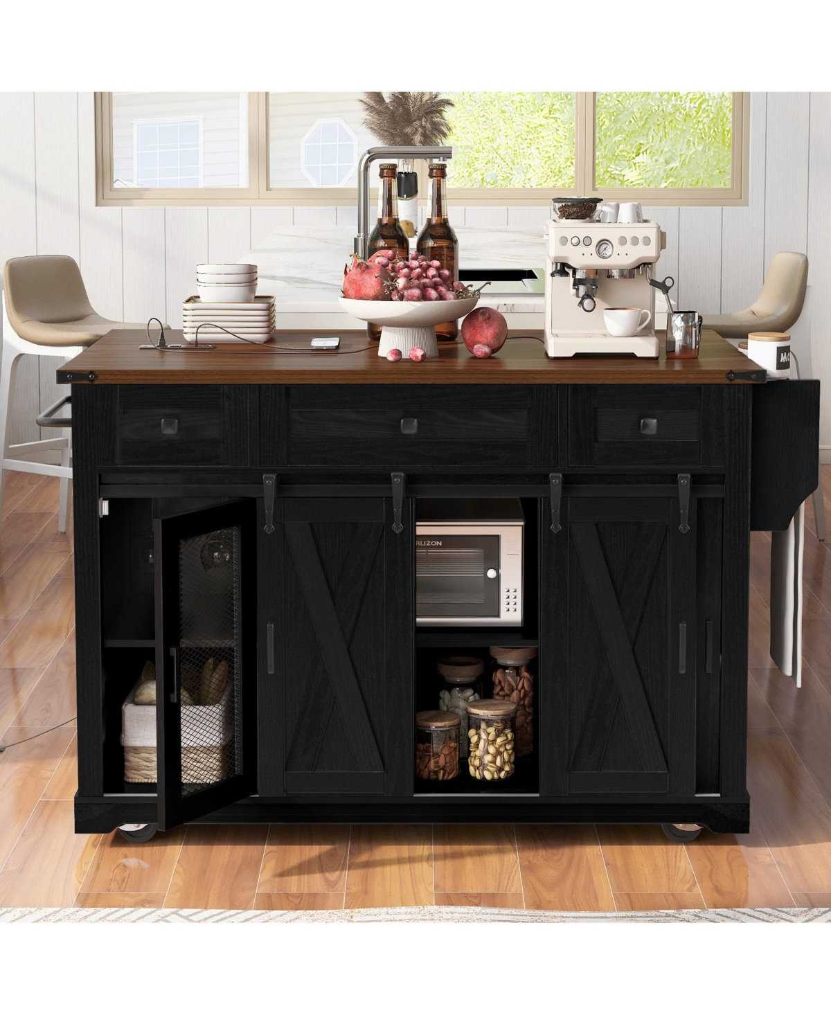 Boyel Living 58" Farmhouse Kitchen Island with Storage, Sliding Barn Door & Metal Grid Side Door, Rolling Table D