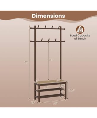 Bamboo Coat Rack with Bench Shoe Storage 2 Hanging Rods 11 Hanging Hooks Shelves