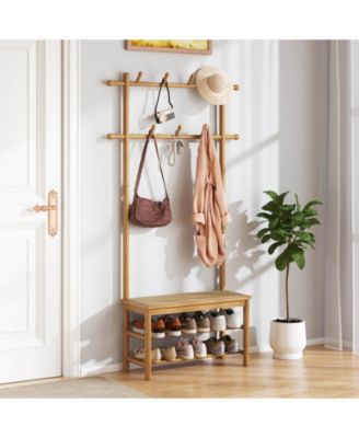 Bamboo Coat Rack with Bench Shoe Storage 2 Hanging Rods 11 Hanging Hooks Shelves