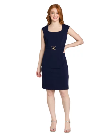 Petite Sleeveless Belted Sheath Dress - Navy