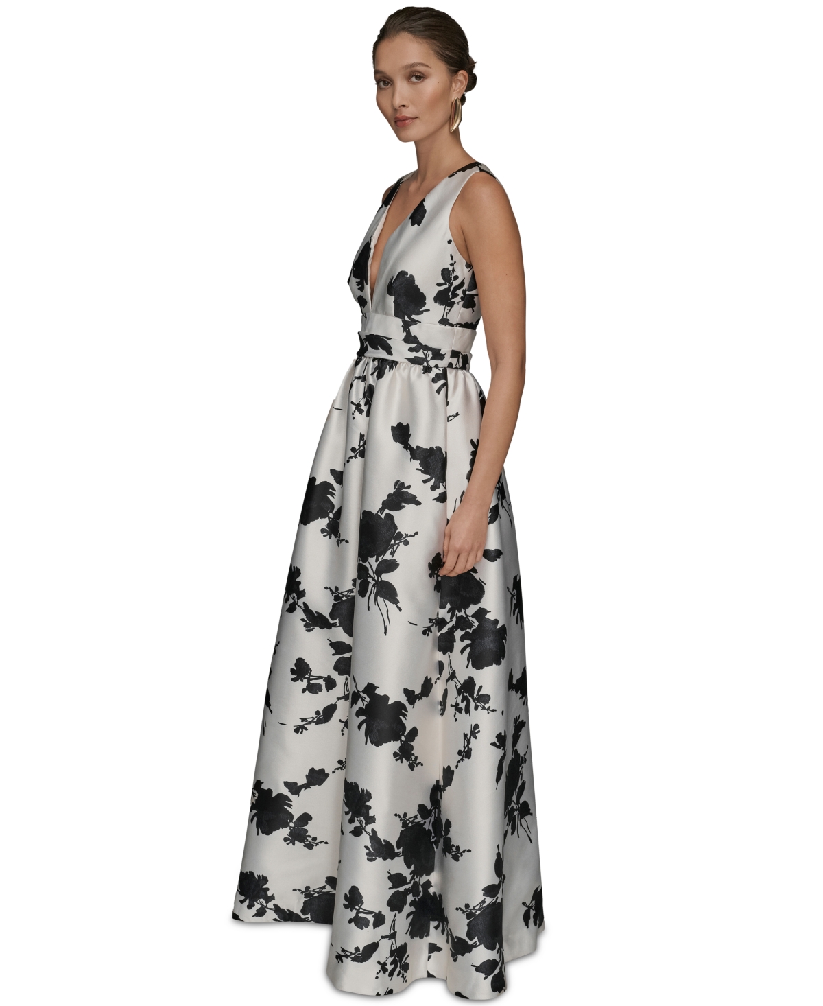 Donna Karan New York Women's Short Sleeve V-neck Floral Print Mikado Gown