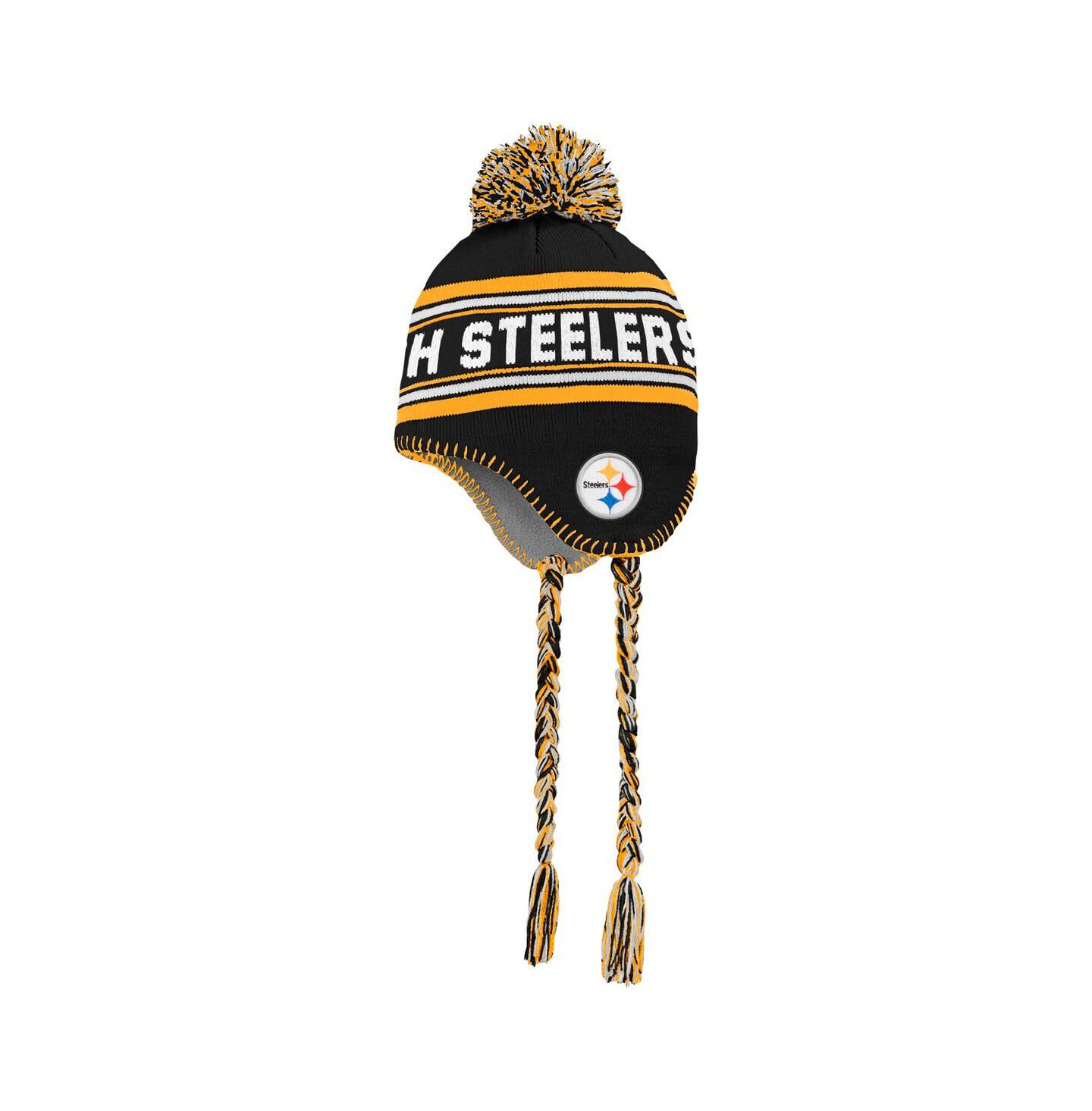 Детская шапка Outerstuff Black Pittsburgh Steelers Jacquard Tassel Knit Hat with Pom — фото 2