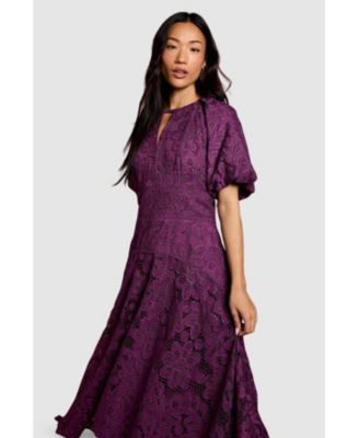 Women's Lace Hanky Hem Puff Sleeve Dress