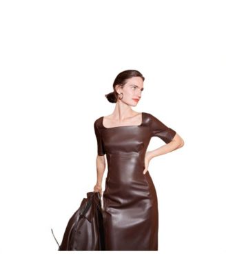 Women's Elbow Sleeves and Square Neckline Faux Leather Sheath Dress