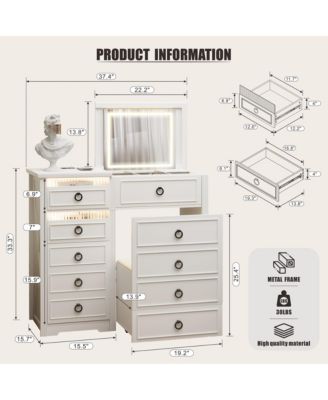 Vanity Desk with Mirror & Lights, Charging Station, Drawers & Chair