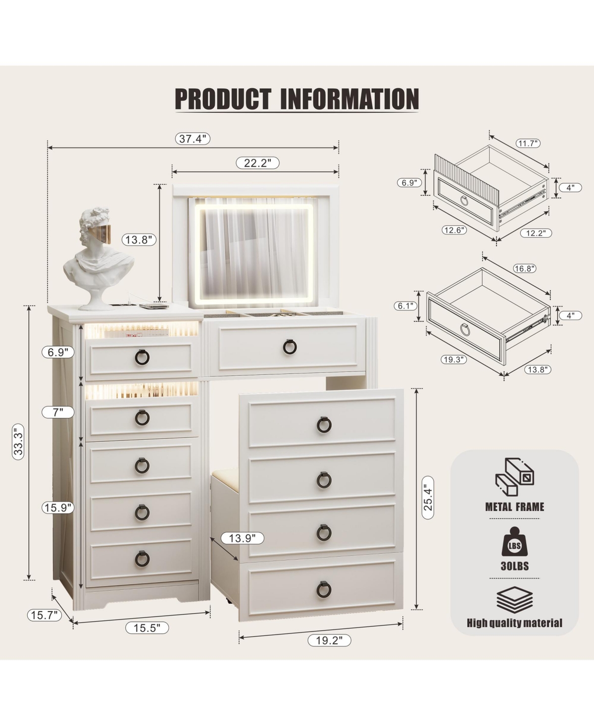 Vlsrka Vanity Makeup Desk with Mirror and Lights