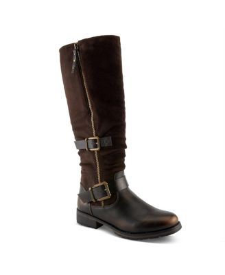 Women's Misdreavus Metallic Burnished Tall Boot with Dual Buckles and Extended Calf Fit
