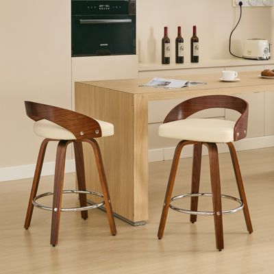Set of 2 Swivel Wood Bar Stools with Low Back and Cushioned Seat