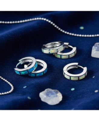 Set of 2 White & Blue Synthetic Opal Inlay Iridescent Huggie Hoop Earrings Sterling Silver