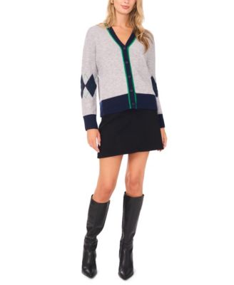 Women's V-Neck Elbow Argyle Cardigan Sweater