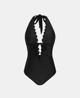 Women's Halter Deep V-Neck Scalloped One Piece Swimsuit