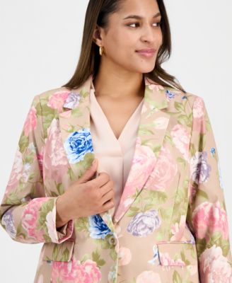 Plus Size Printed Notch-Lapel Satin Blazer