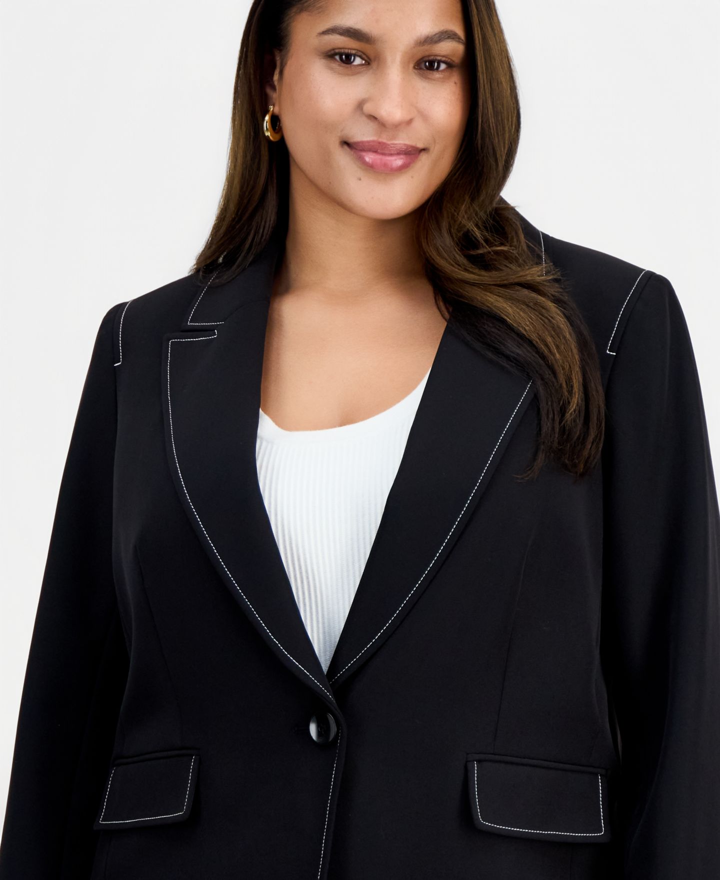 Женский пиджак Tahari ASL Plus Size Peak-Lapel Single-Button-Front Long-Sleeve Blazer, цвет: Чёрный белый — фото 3