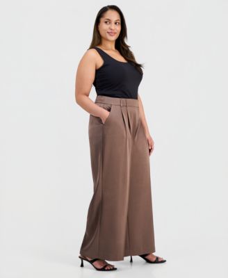 Plus Size Pleat-Front Wide-Leg Satin Pants