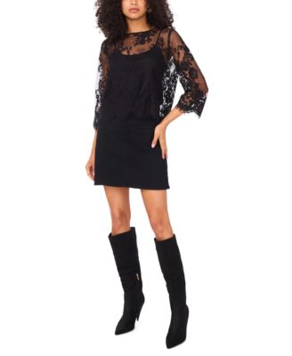 Women's Floral-Lace Scalloped-Hem 3/4-Sleeve Top