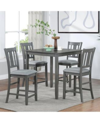 5-Piece Grey Counter Height Kitchen Dining Set with Square Wood Table and 4 Upholstered Chairs