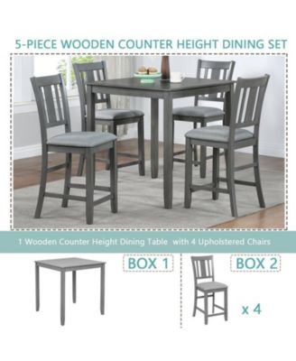 5-Piece Grey Counter Height Kitchen Dining Set with Square Wood Table and 4 Upholstered Chairs