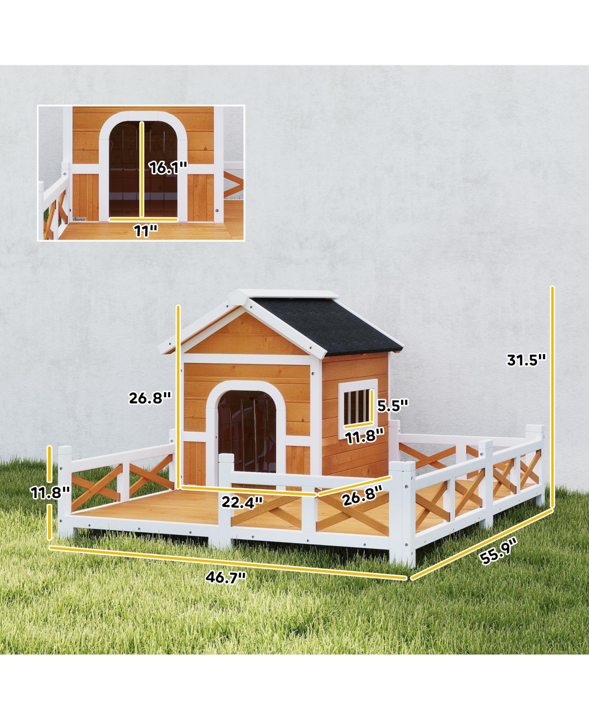 PawHut Outdoor Dog House, Wooden Dog House with Large Porch