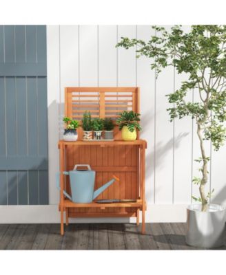 Folding Garden Potting Bench with 2-Tier Storage Shelves and Teak Oil Finish