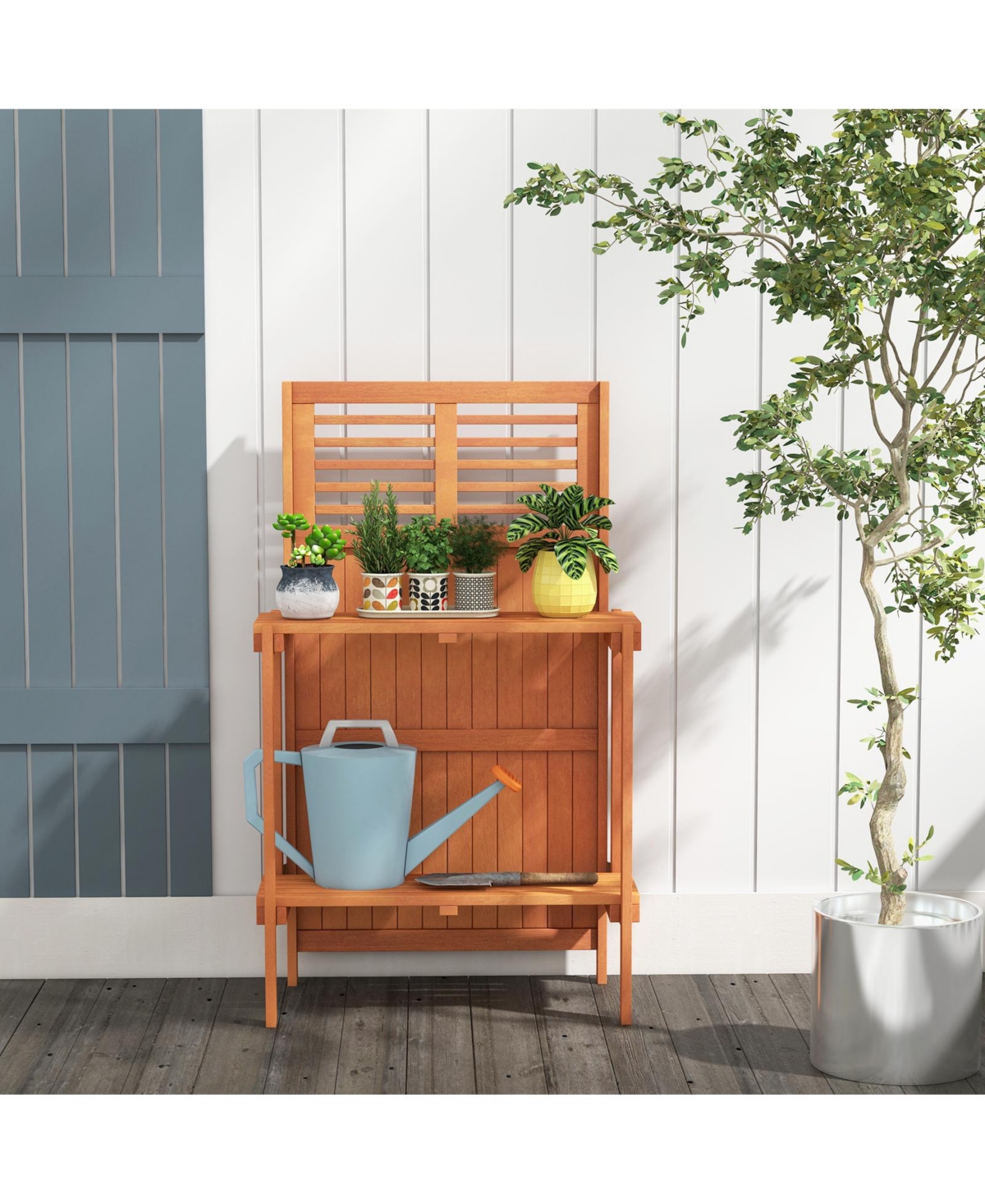 Sugift Folding Garden Potting Bench with 2-Tier Storage Shelves and Teak Oil Finish