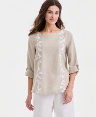 Women's 100% Linen Floral-Embroidered 3/4-Sleeve Top, Macy's Exclusive
