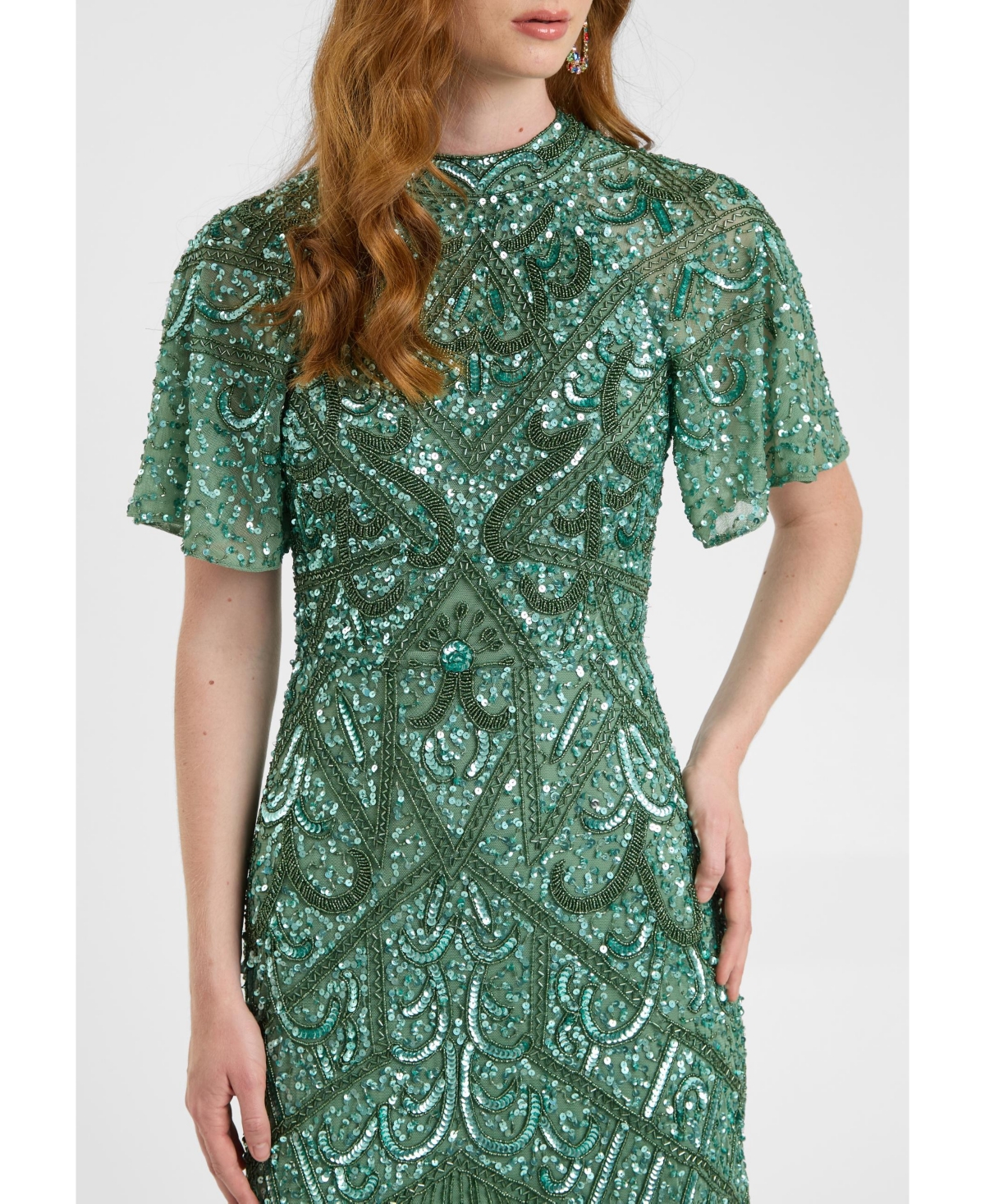 Beauut Women's Embellished Sequin Beaded With Short Flutter Sleeves Maxi Dress