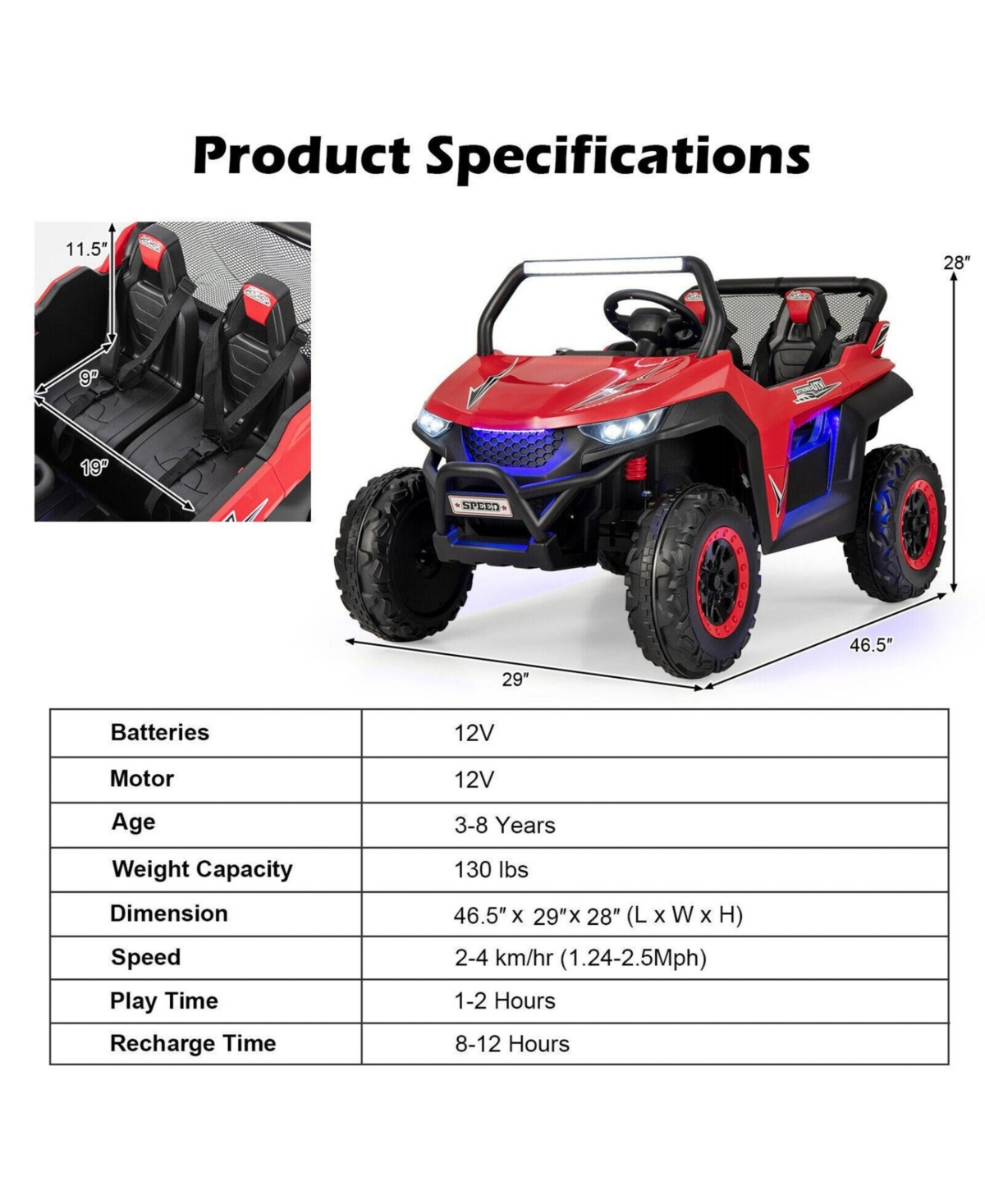 Sugift 12V 2-Seater Kids Ride on Utv with Slow Start Function Music-Black